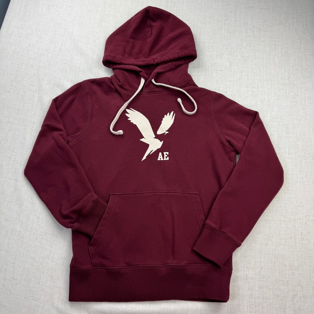 American Eagle Mens XS Maroon Burgundy Eagle Graphic Pullover Hoodie Sweatshirt